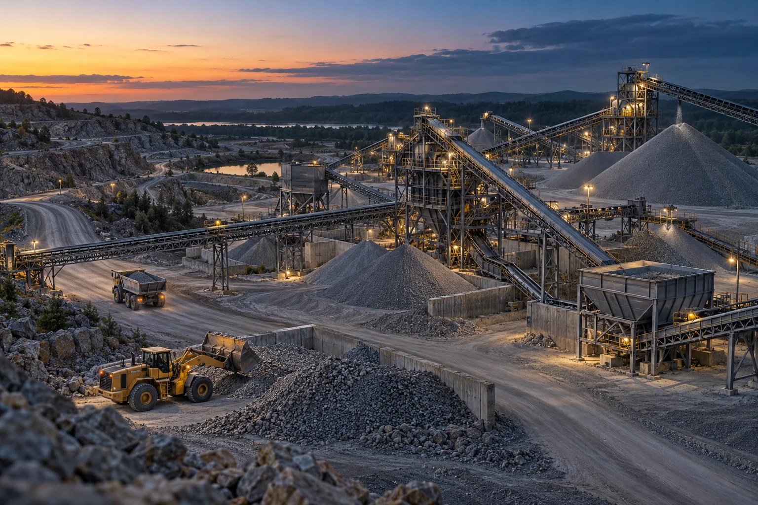 Illustrative quarry and aggregate processing plant with conveyors, stockpiles, a loader and a truck