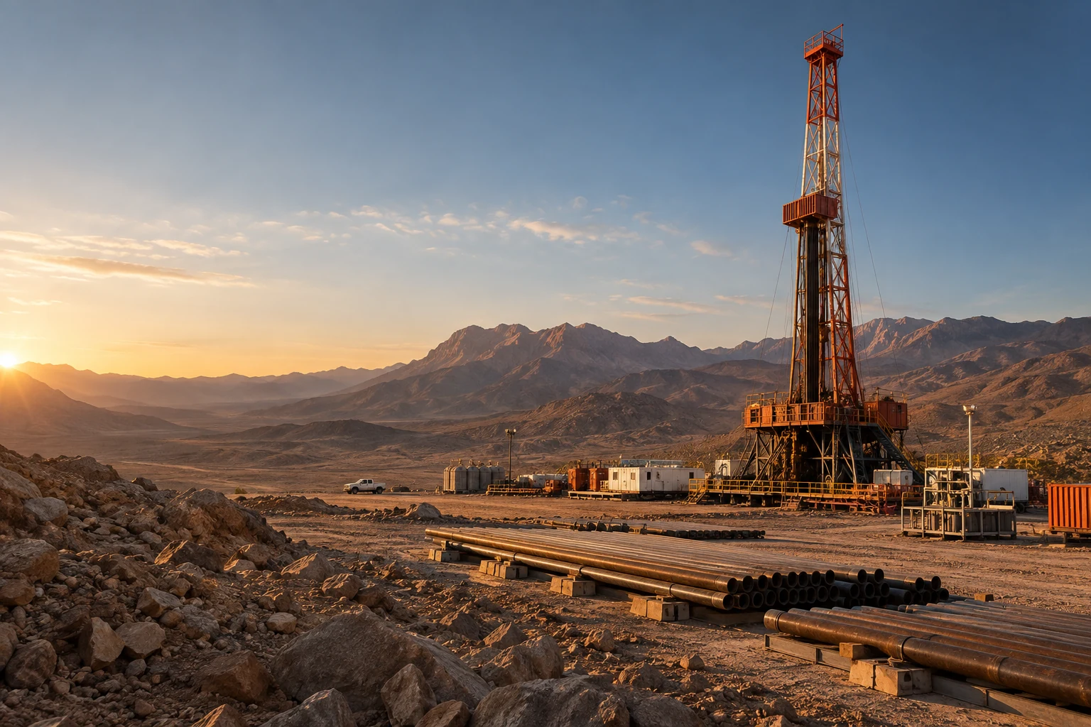 Illustrative land drilling rig and organized pipe storage at sunrise