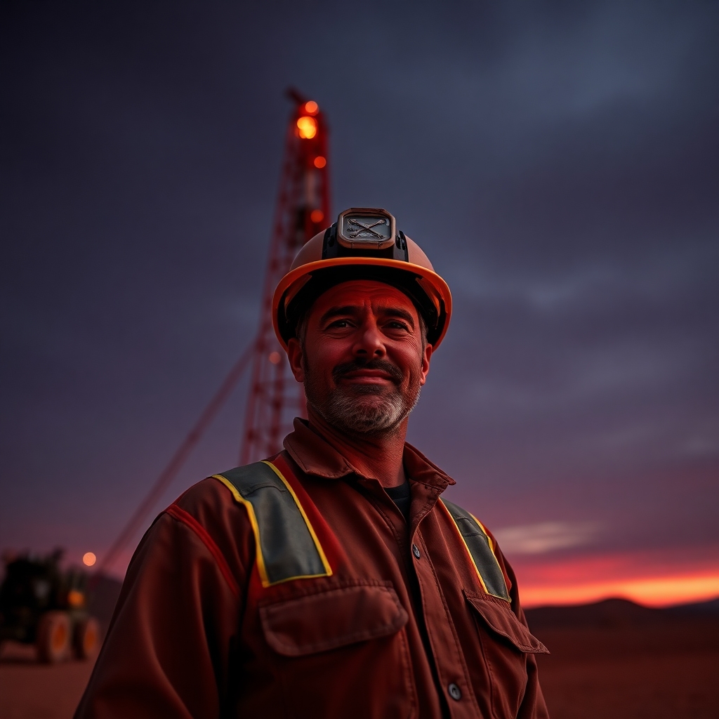 Industrial drilling rig at sunset