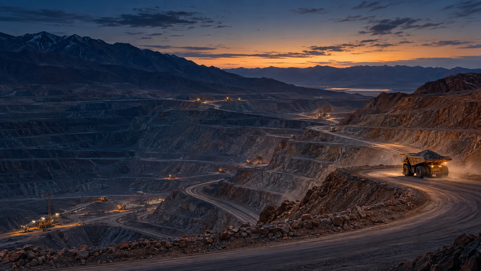 Illustrative open-pit mine with a haul truck at dusk