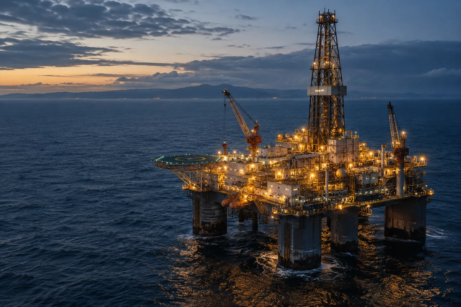 Illustrative offshore drilling platform illuminated at blue hour